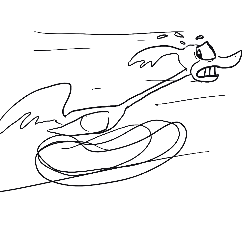 Frightened cartoon road runner running from something while sweating