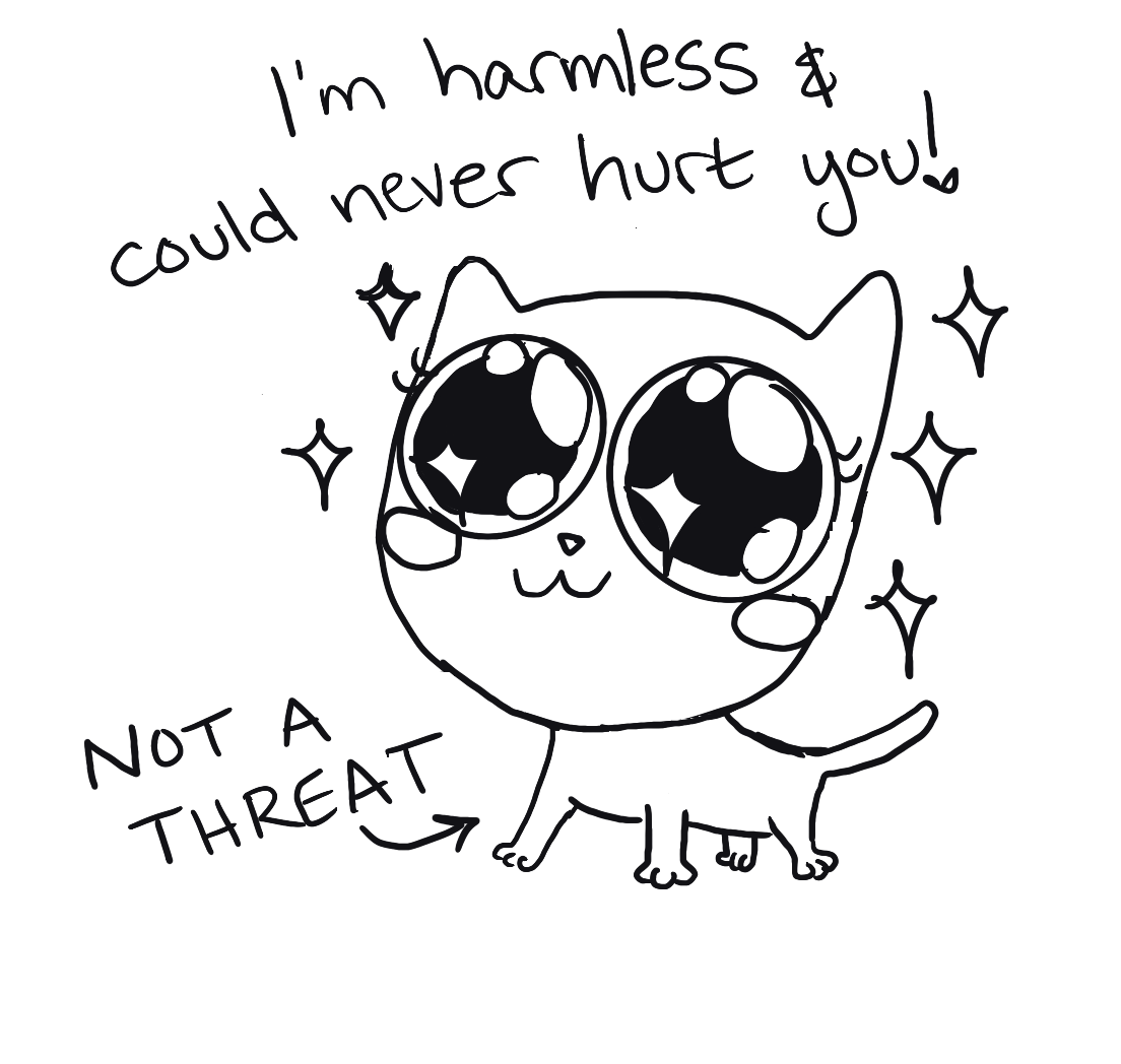 Sparkly, wide eyed adorable kitten saying "I'm harmless and could never hurt you! NOT A THREAT"
